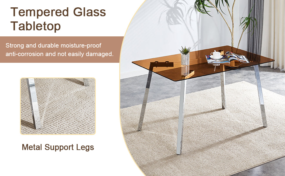 Table And Chair Set.Large Modern Rectangular Table With Brown Glass Top And Silver Metal Legs. Paired With 6 White Chairs With Checkered Armless High Back Pu Cushion And Silver Metal Legs.