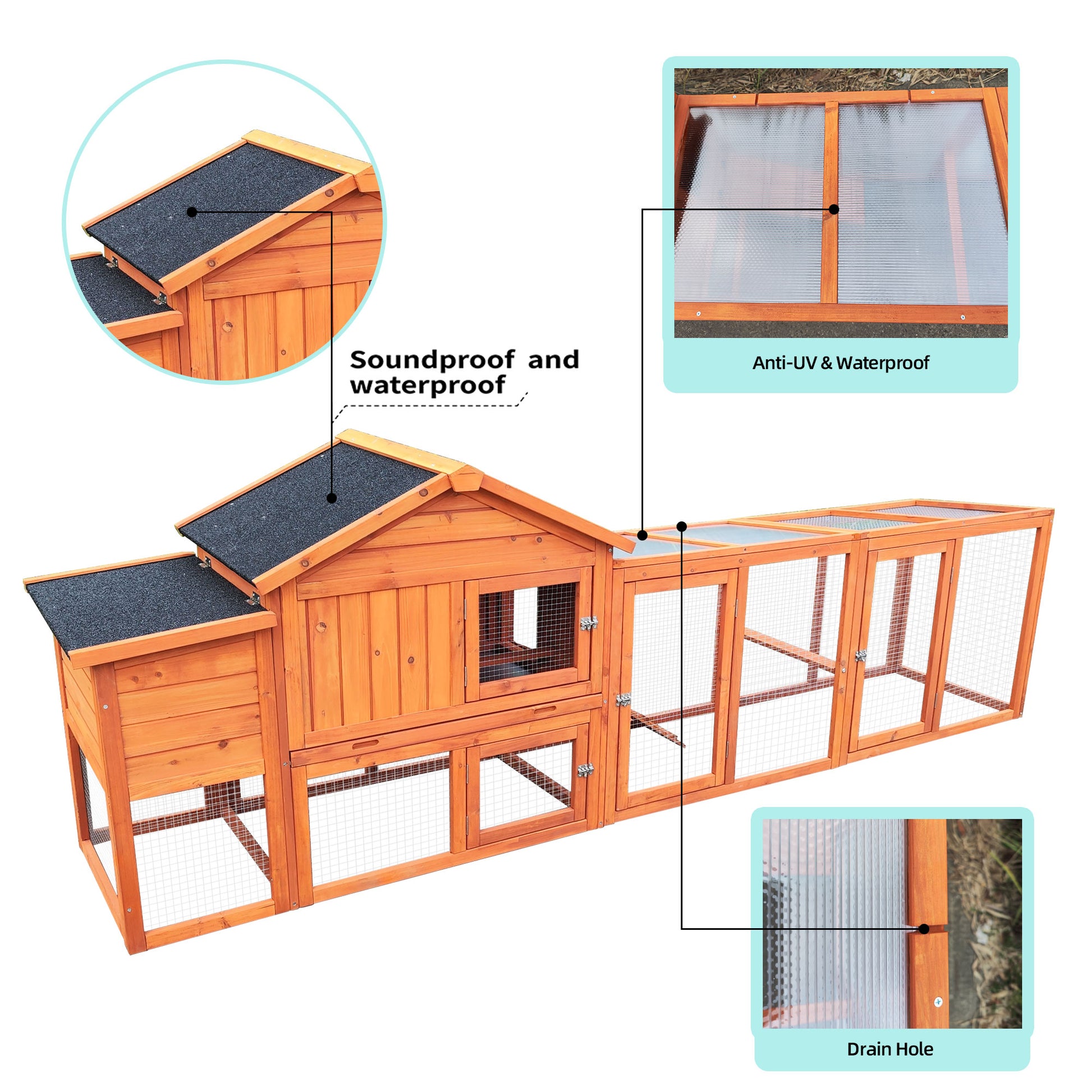 111.5" Wooden Chicken Coop, Large Hen House With Nesting Box Poultry Cage, Rabbit Hutch Bunny Cagewaterproof Uv Panel For Backyard Natural Wood