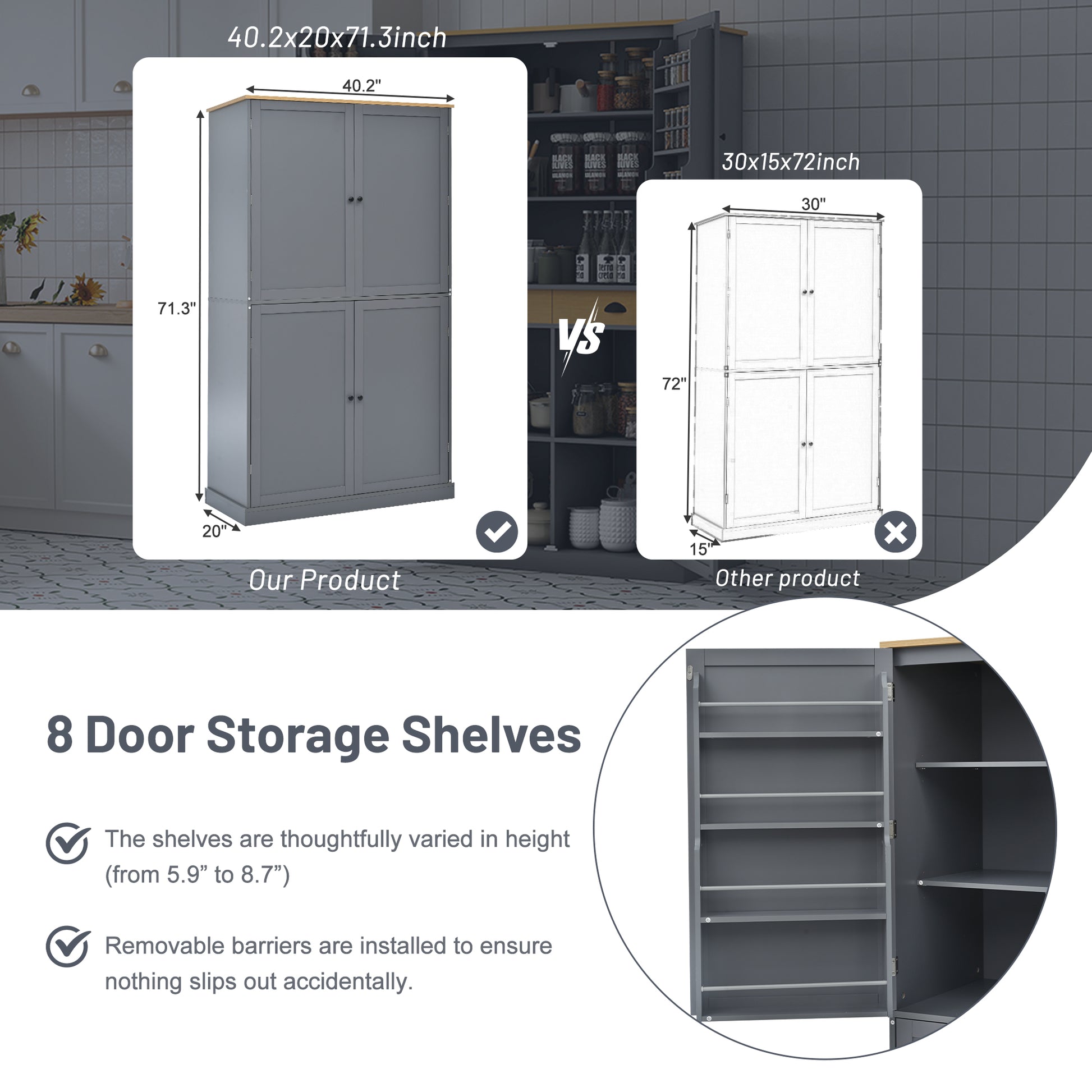 Assembly 40.2X20X71.3Inch High Freestanding Kitchen Pantry Large Cupboard Storage Cabinet With 2 Drawers, 2 Adjustable Shelves, 8 Door Shelves For Kitchen, Dining Room,Gray Gray Kitchen Farmhouse