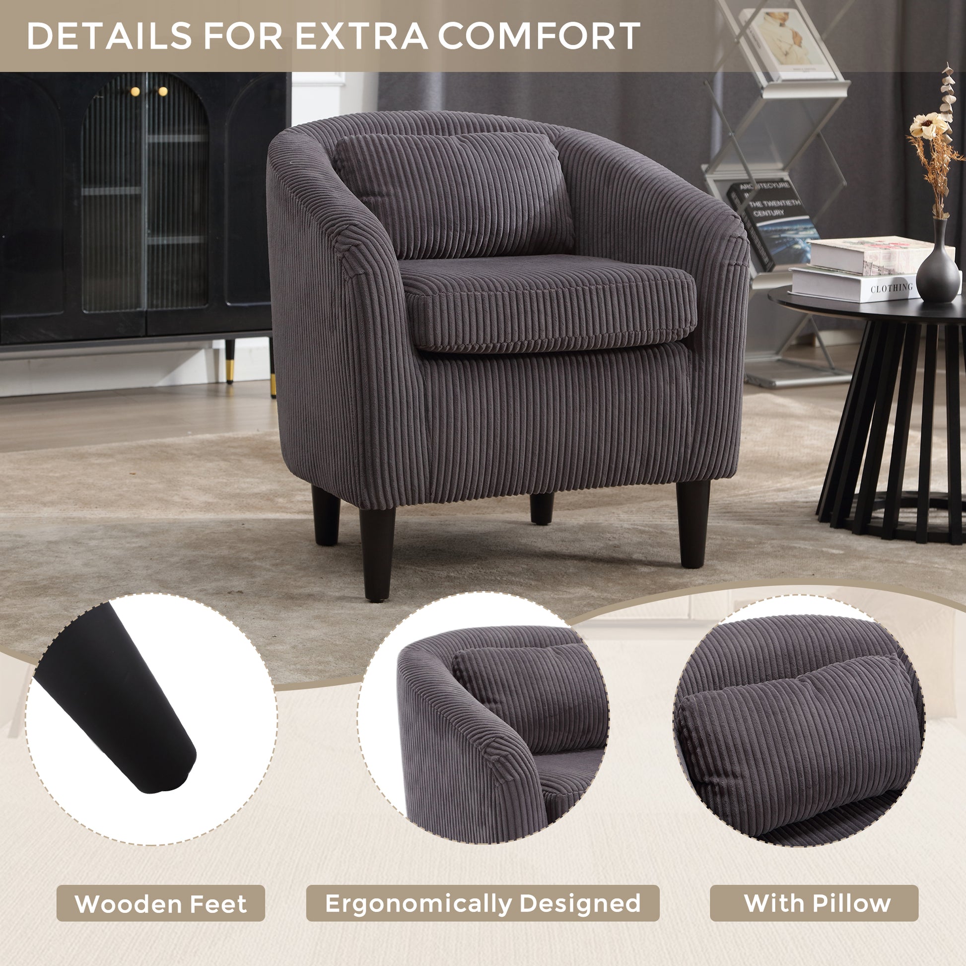 Coolmore Living Room Accent Barrel Chair, Century Modern Style Decorative Chair, Armchair For Living Room With Thick Cushions And Pillows, Comfy Single Sofa Chair, Chair With Wooden Legs,Dark Grey Dark Gray Corduroy