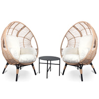 3 Pieces Patio Egg Chairs Model 2 With Side Table Set,Natural Color Pe Rattan And Beige Cushion Yes Natural Complete Patio Sets Foam Steel