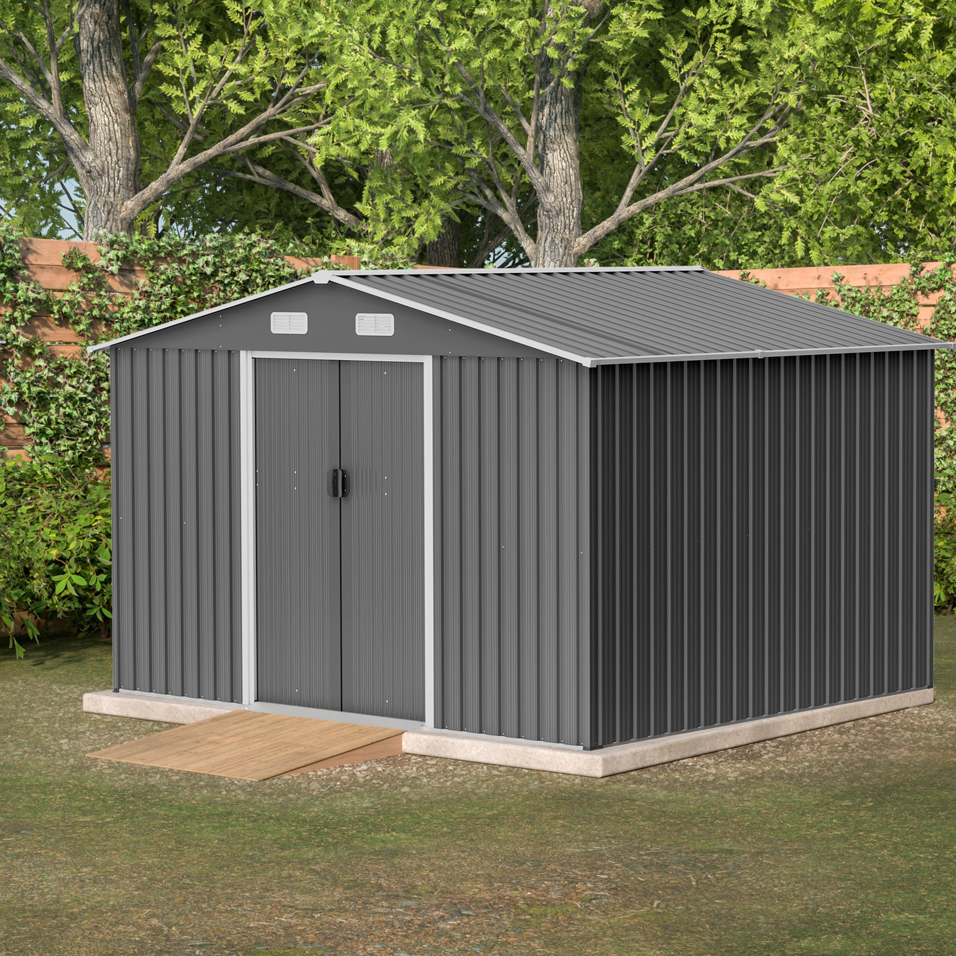 10X8 Ft Outdoor Tool Storage Shed With Metal Foundation & Lockable Doors, All Weather Metal Sheds For Garden, Patio, Backyard, Lawn, Gray Gray Metal