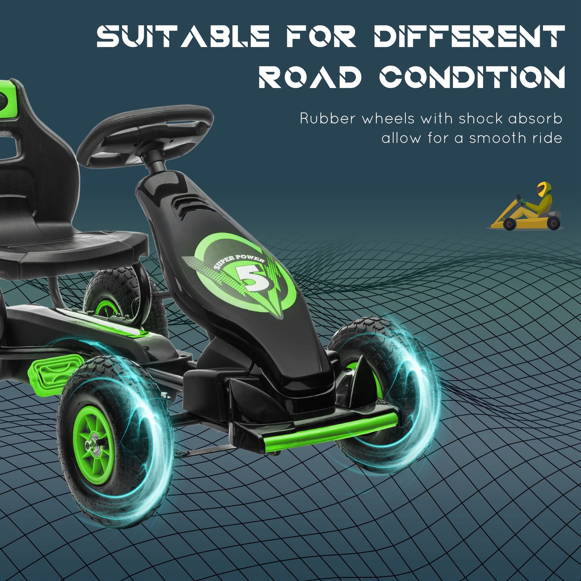 Aosom Kids Pedal Go Kart Ride On Toy With Ergonomic Comfort, Pedal Car With Tough, Wear Resistant Tread, Go Cart Kids Car For Boys & Girls With Suspension System, Safety Hand Brake, Ages 5 12, Green Green Plastic