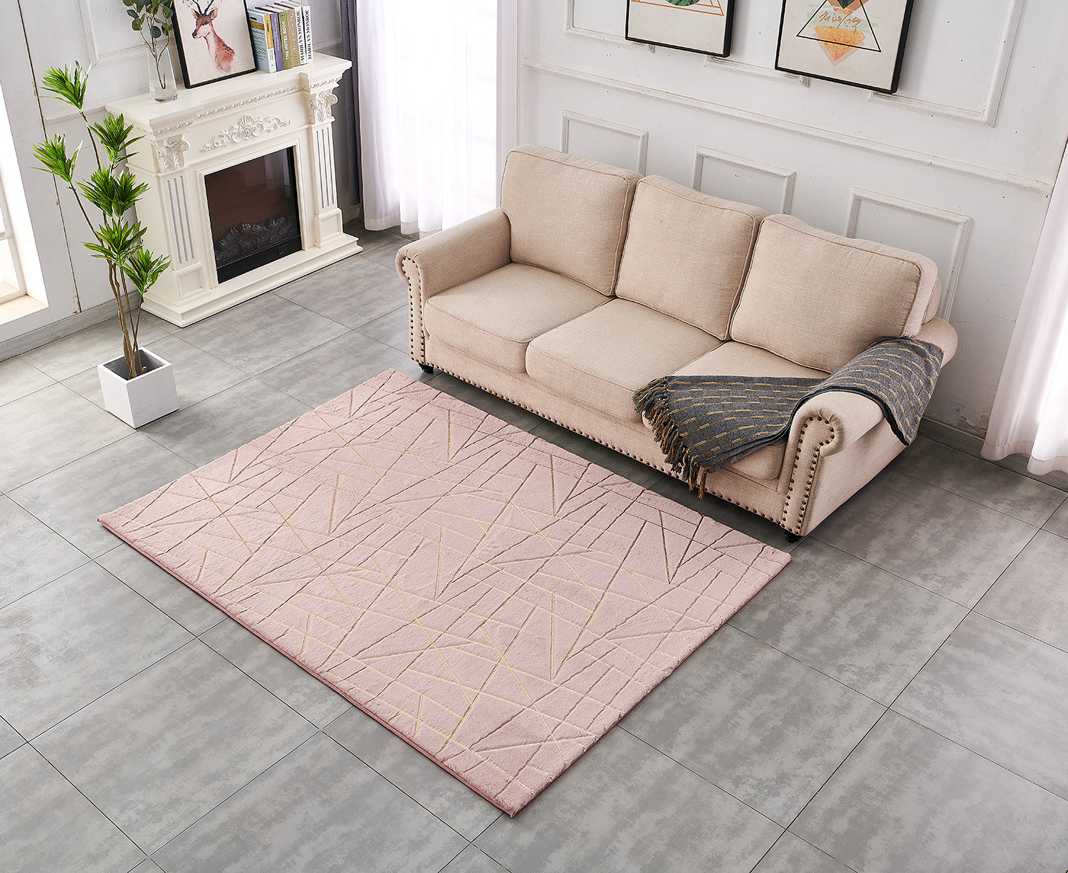 Luxury Machine Washable Dust Pink Geometric Abstract Gold Gilded Chinchilla Faux Fur Area Rug Dusty Rose Polyester