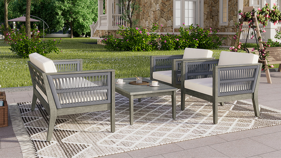 4 Pieces Acacia Wood Patio Furniture Set, Outdoor Furniture With Coffee Table, Patio Conversation Set Deep Seating With Soft Cushion, Porch Chairs For Garden, Backyard Porch Balcony, Grey & Beige Yes Deep Seating Beige Grey Seats 4 Garden & Outdoor Sofa