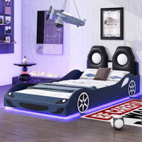 Wood Twin Size Race Car Shaped Platform Bed With Led And Upholstered Backrest, Blue Expected Arrival Time: 10.28 Box Spring Not Required Twin Blue Wood Faux Leather,Solid Wood Mdf