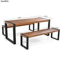 3 Pieces Outdoor Dining Table With 2 Benches, Patio Dining Set With Unique Top Texture, Acacia Wood Top & Steel Frame, All Weather Use, For Outdoor & Indoor, Natural No Acacia Wood Garden & Outdoor Acacia Wood