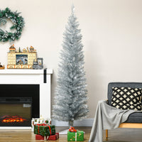 Homcom 6' Artificial Pencil Christmas Tree, Slim Xmas Tree With 390 Realistic Branch Tips And Plastic Stand, Silver Silver Plastic