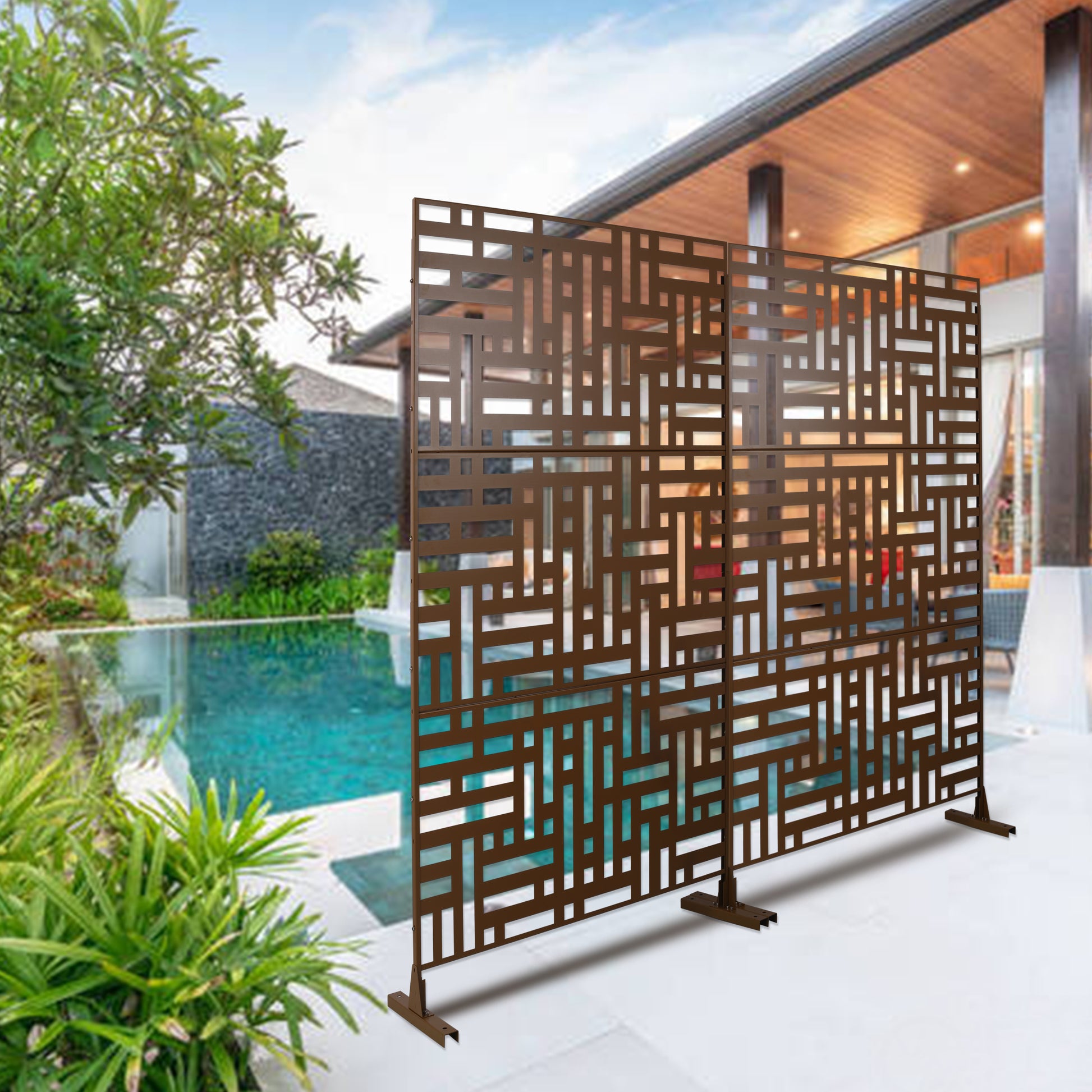 Outdoor & Indoor Privacy Screen Metal Privacy Screen 76" H 48" W, Freestanding Decorative Privacy Screen For Deck Balcony Patio, Privacy Fence Panels For Outside Lawn Garden Ps103 Brown Brown Steel