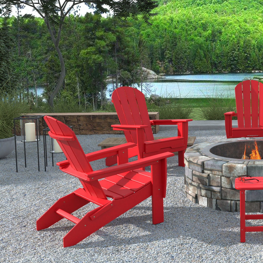 Hdpe Folding Adirondack Chair, Ultra Durable Weather Resistant Design, Easy Folding Design, 300 Lb Capacity, Red Red Hdpe