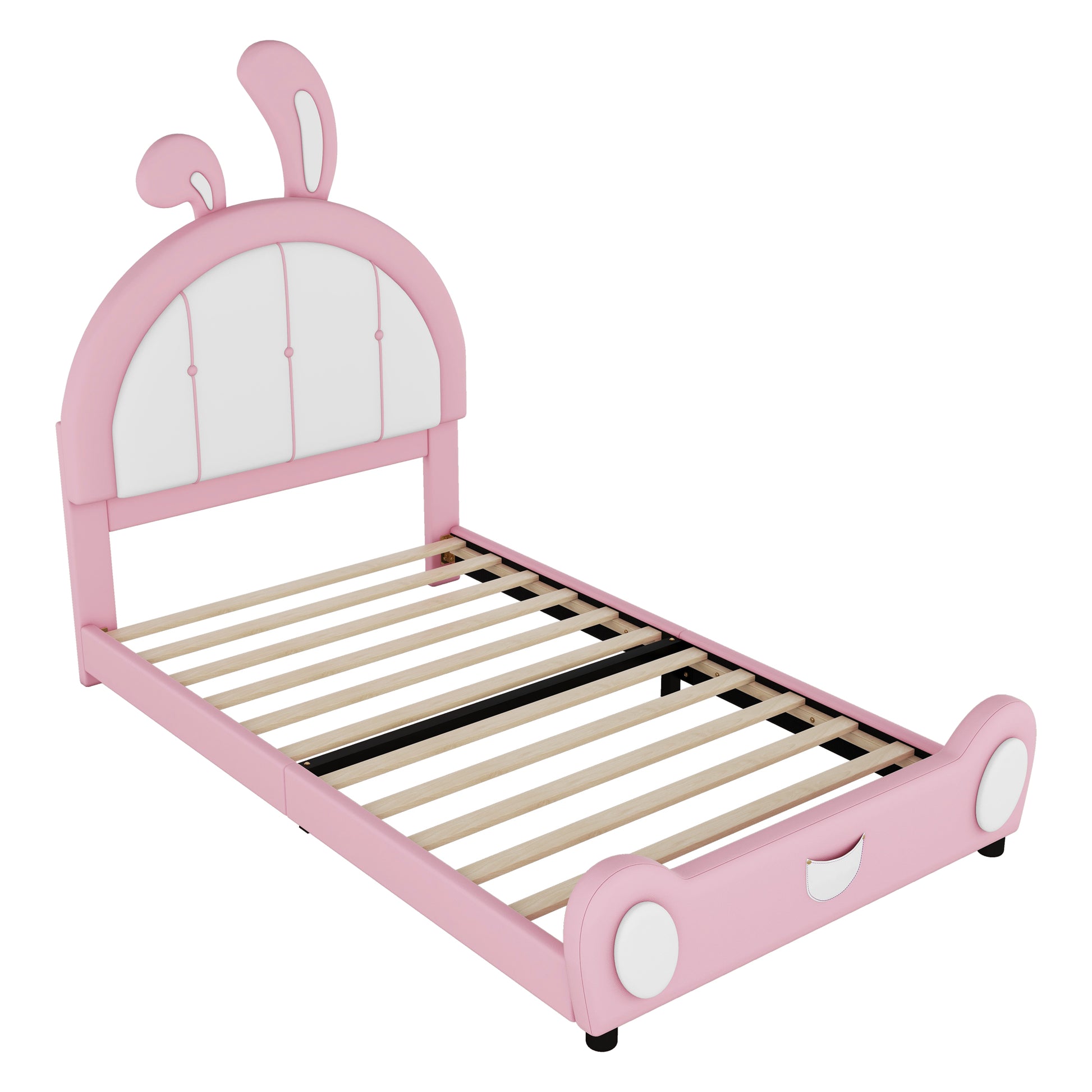 Twin Size Upholstered Platform Bed With Rabbit Shaped Headboard, Pink Box Spring Not Required Twin Pink White Wood Bedroom Bed Frame Faux Leather Upholstered