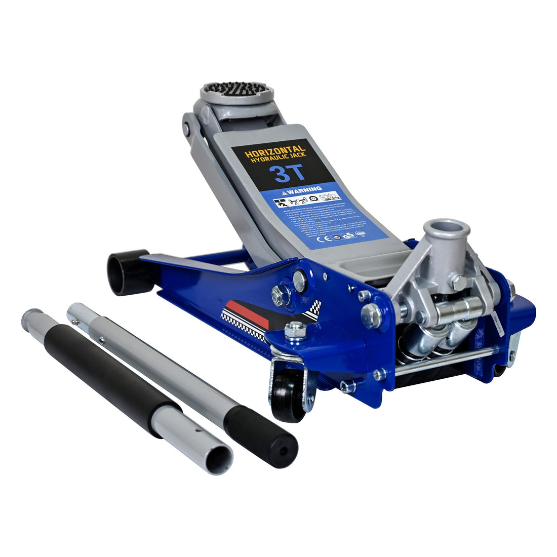 Low Position Steel Vehicle Floor Mounted Hydraulic Jack With Dual Piston Quick Lift Pump, 3 Ton 6600 Lb. Capacity. Blue Steel