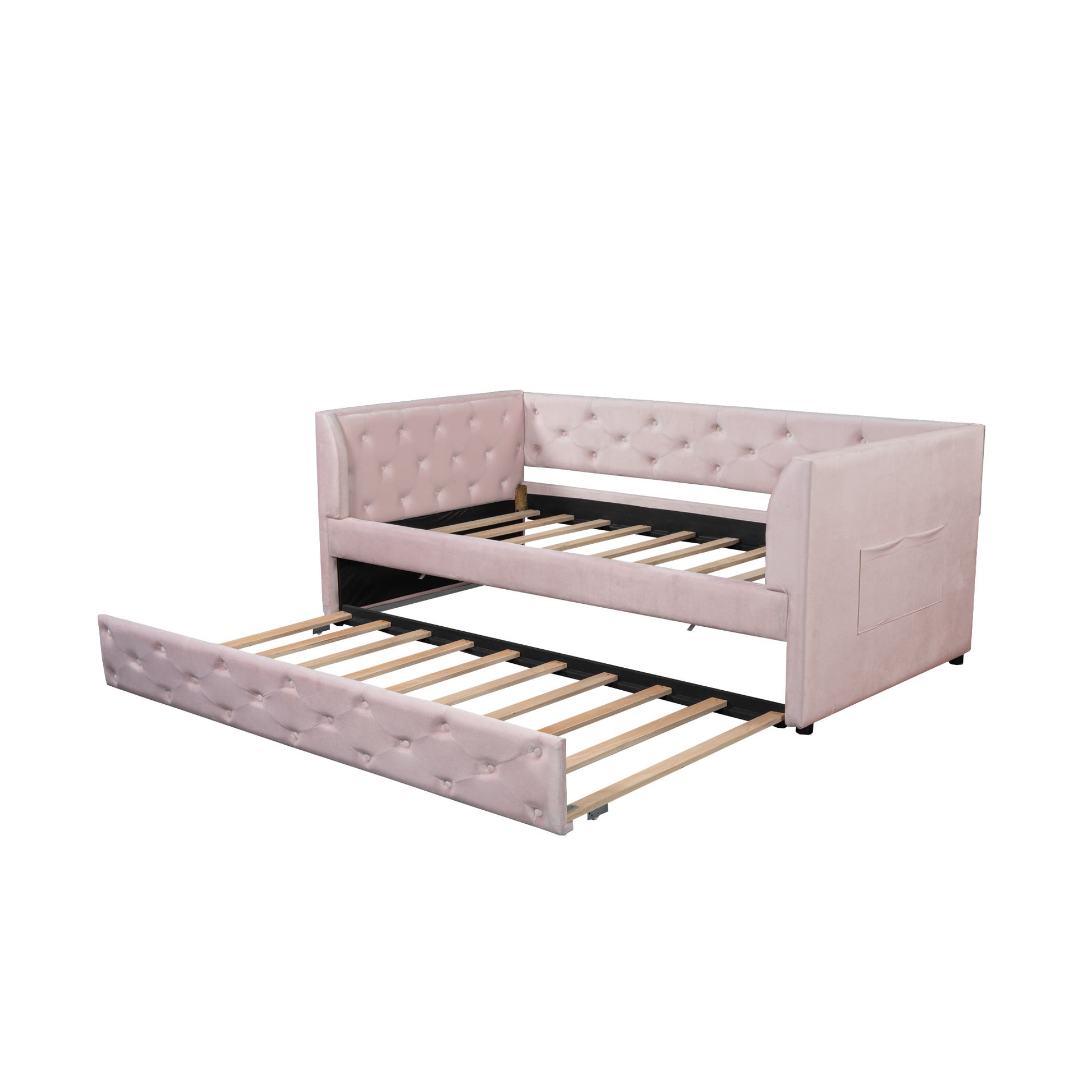 Twin Size Upholstered Velvet Tufted Daybed With Trundle, Pink Box Spring Not Required Twin Pink Wood Daybeds Velvet Solid Wood Mdf,Velvet