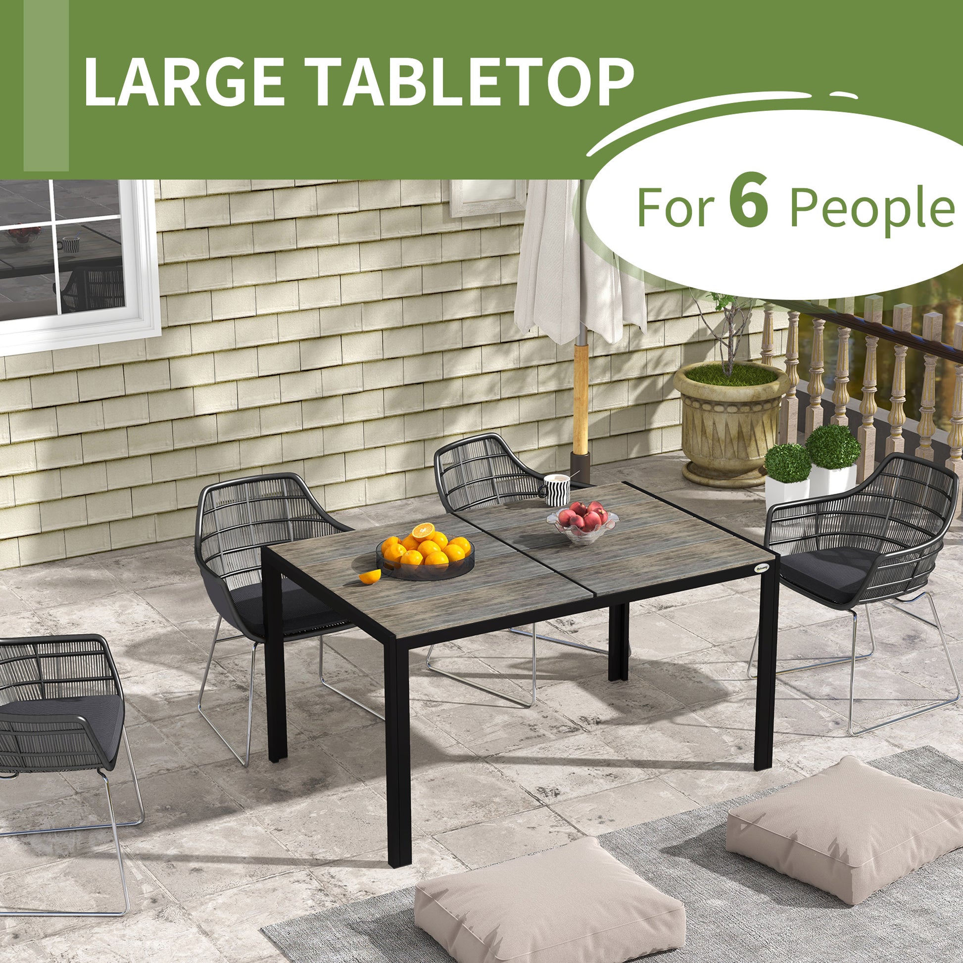 Outsunny Outdoor Dining Table For 6 People, Aluminum Rectangular Patio Table With Faux Wood Tabletop For Backyard, Lawn, Balcony, Poolside, 55" X 35.5", Gray Gray Aluminum