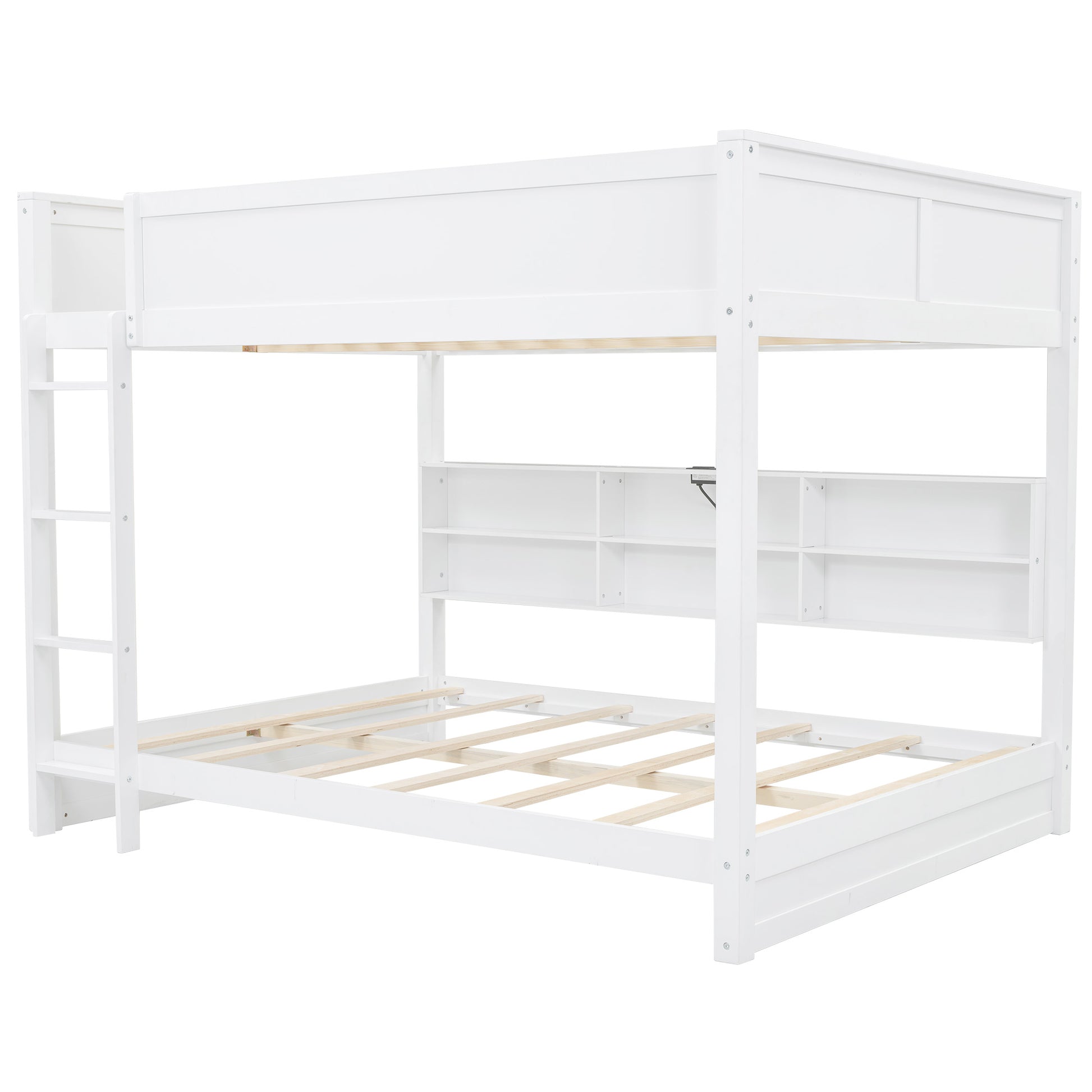 Queen Over Queen Bunk Bed With Storage Cabinets And Usb Ports, White White Solid Wood Mdf