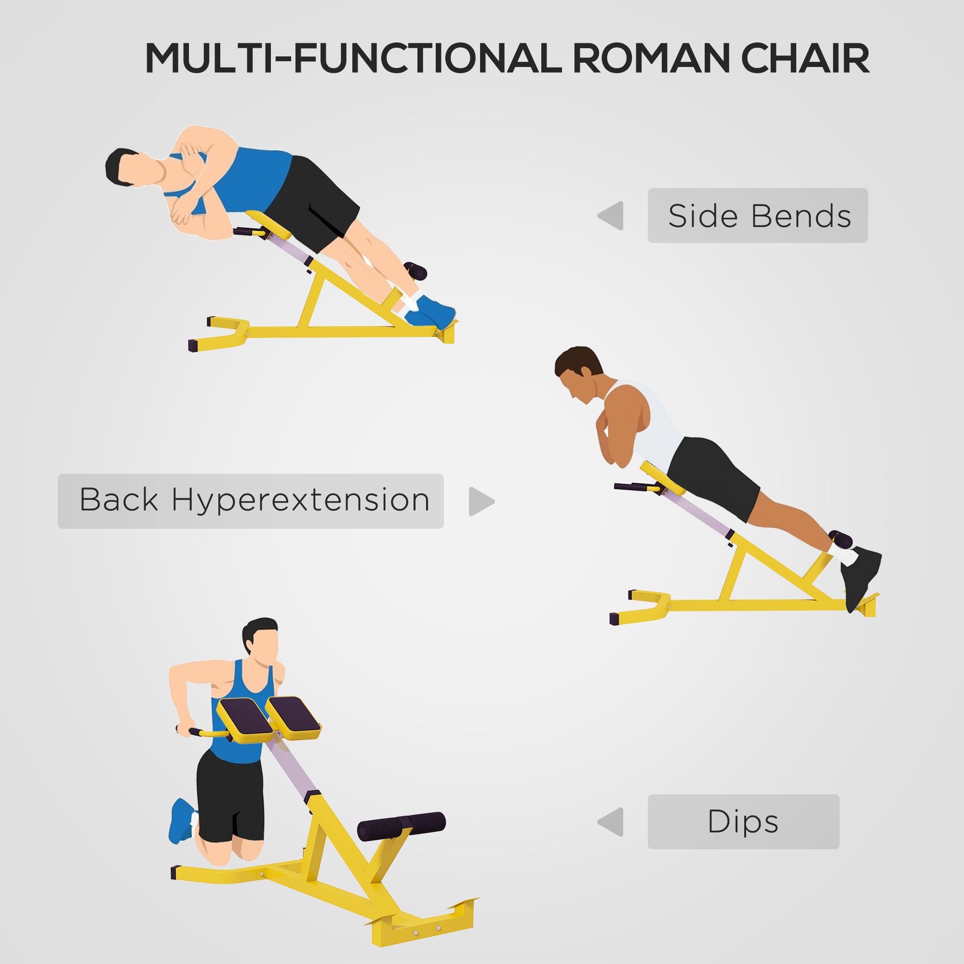 Soozier Roman Chair Back Extension Machine, Height Adjustable Hyperextension Bench With Dip Bars, Multi Functional For Back, Core, Arms And Whole Body Training, Yellow Yellow Steel