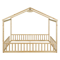 Double Twin House Style Floor Bed With Fence, Guardrails, Without Door, Natural Twin Natural American Design Pine