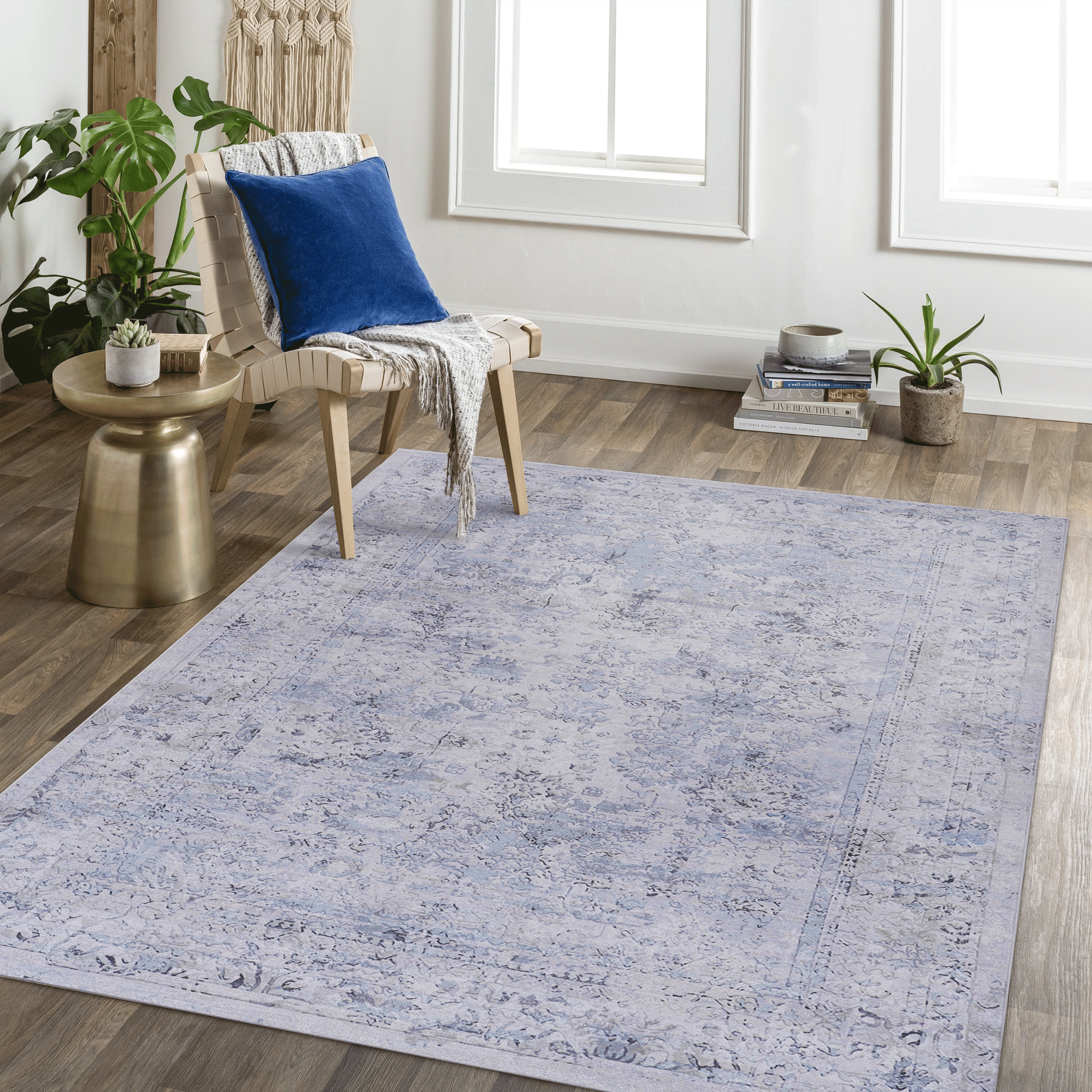 Area Rug 3X5, Washable Rug, Low Pile, Non Slip, Non Shedding, Foldable, Kid & Pet Friendly Area Rugs For Living Room, Bedroom, Kitchen, Dining Room Rug Perfect Gifts, Blue Cream, 3' X 5' Blue Cream Chenille Polyester