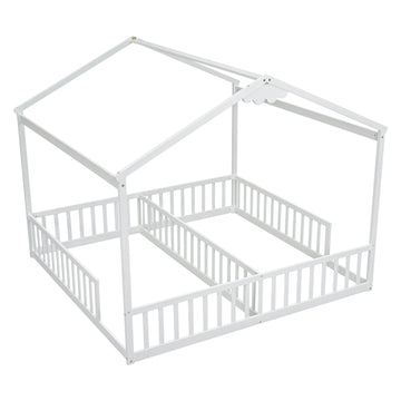 Double Twin House Style Floor Bed With Fence, Guardrails, Without Door, White Twin White American Design Pine