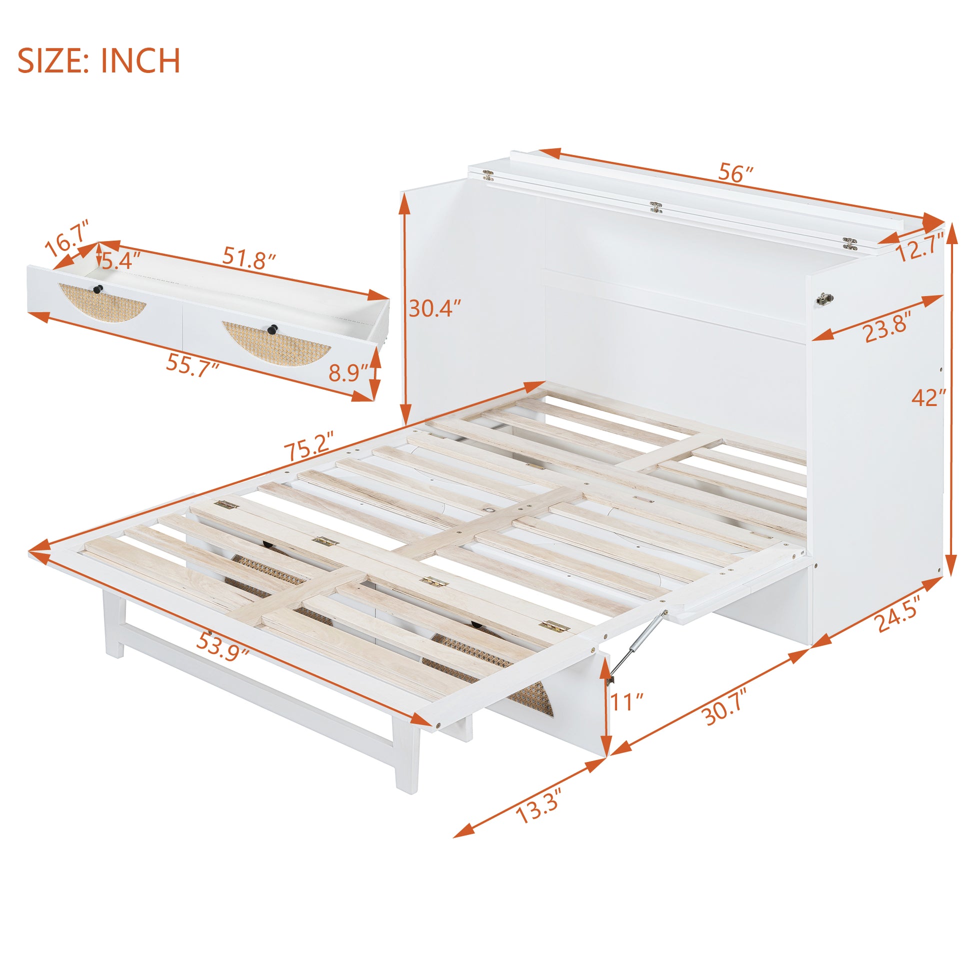 Full Size Murphy Bed With Large Drawer,Usb Ports And Outlets,White Full White Plywood