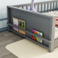 Twin Size Floor Platform Bed With Built In Book Storage Rack,Grey Twin Grey American Design Pine