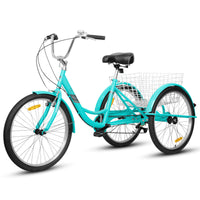 Adult Tricycles 7 Speed, Adult Trikes 24 Inch 3 Wheel Bikes, Three Wheeled Bicycles Cruise Trike With Shopping Basket For Seniors, Women, Men Blue Carbon Steel