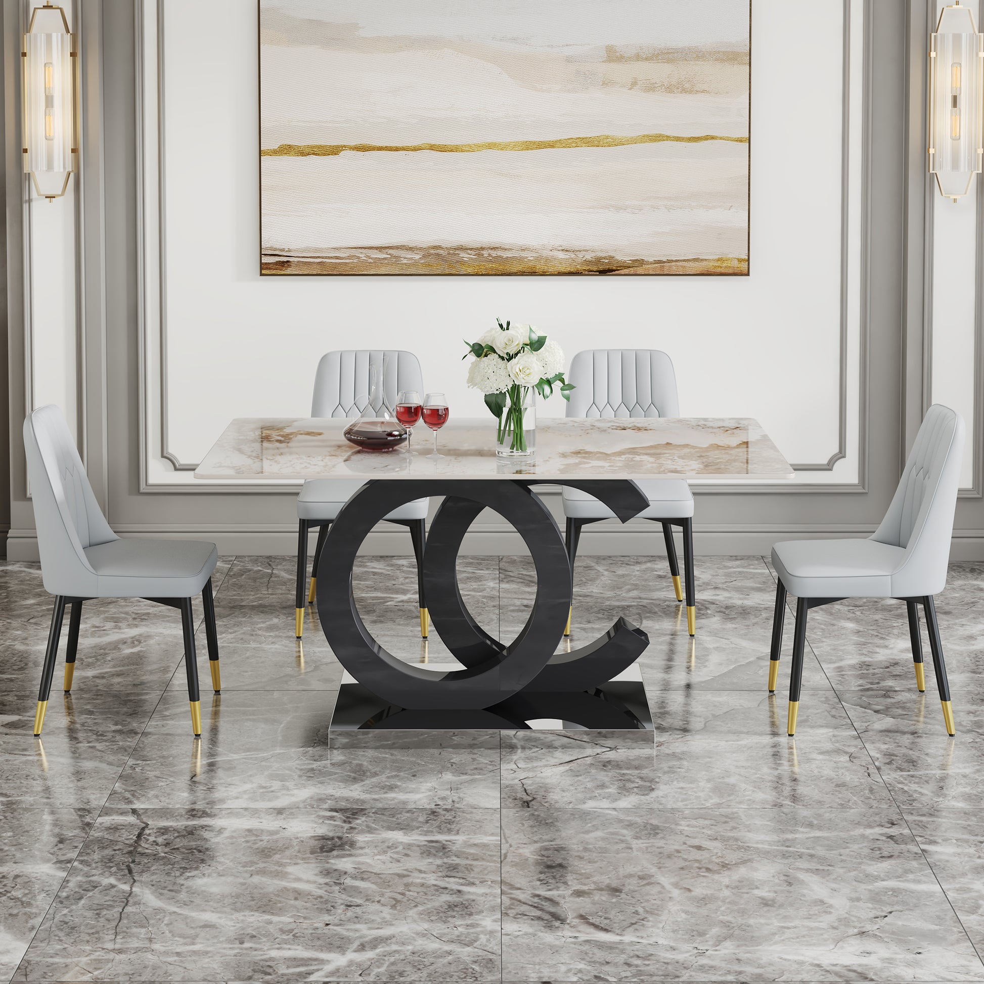 Table And Chair Set.63"X31.5" Marble Pattern Sintered Stone Table With Mdf Oc Shaped Bracket.Paired With 4 Light Gray Chairs With Pu Cushions And Black Metal Legs.Suitable For Kitchen,Dining