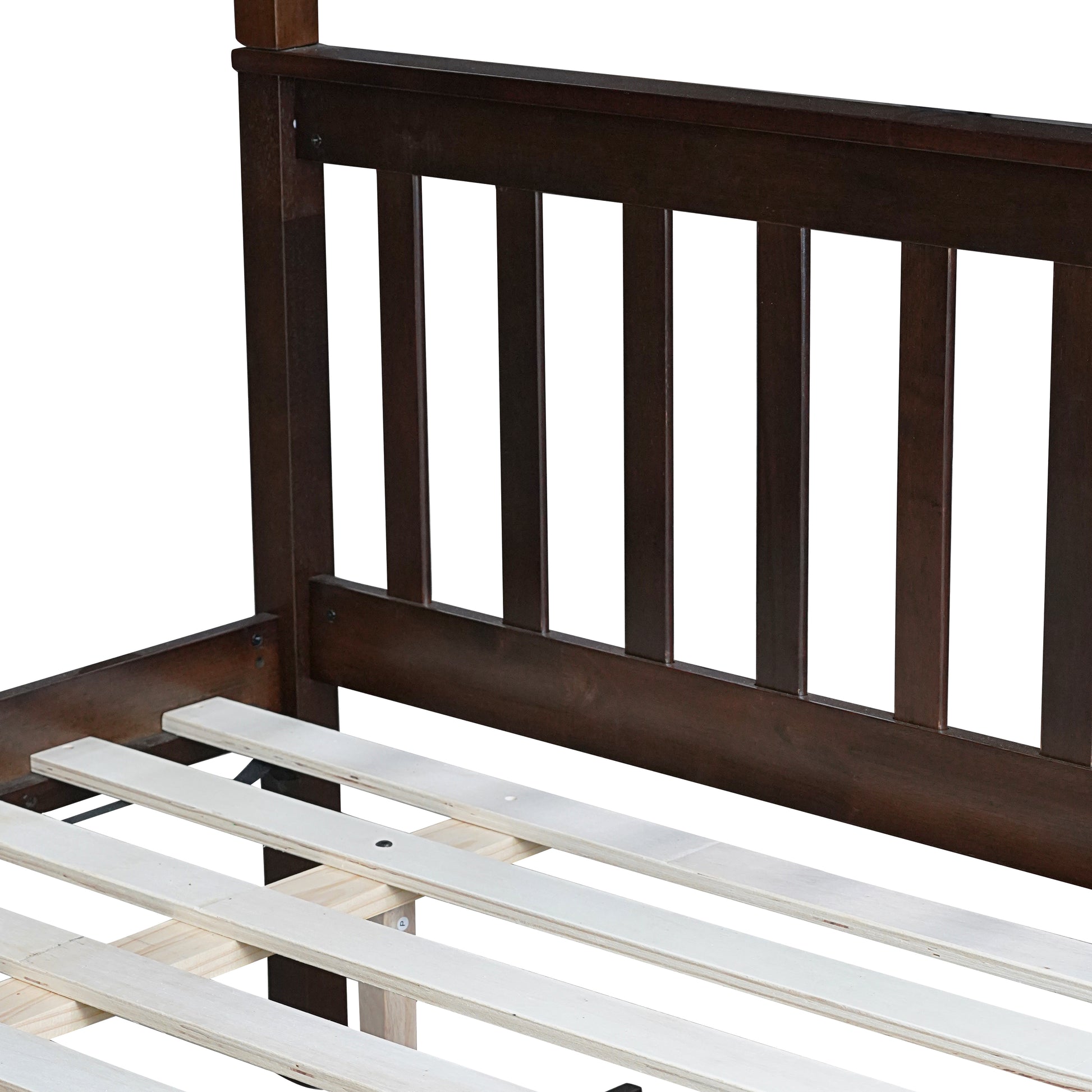 Twin Over Full Rubber Wood Bunk Bed With Trundle, Convertible Ladder And Guardrail, Detachable, Convertible Bed, With Twin Size Trundle ,Espresso Twin Espresso Rubber Wood