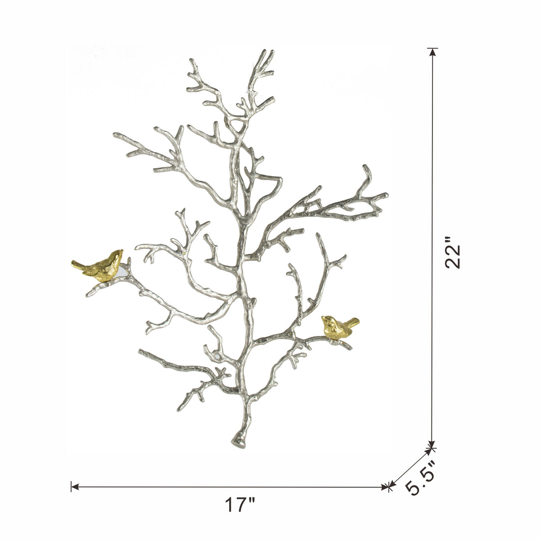 17X5.5X22" Metal Branch Wall Sculptures With Bird Accents, Set Of 2 Silver Multi Aluminium
