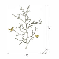 17X5.5X22" Metal Branch Wall Sculptures With Bird Accents, Set Of 2 Silver Multi Aluminium