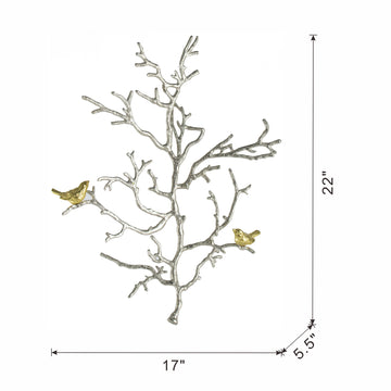 17X5.5X22" Metal Branch Wall Sculptures With Bird Accents, Set Of 2 Silver Multi Aluminium