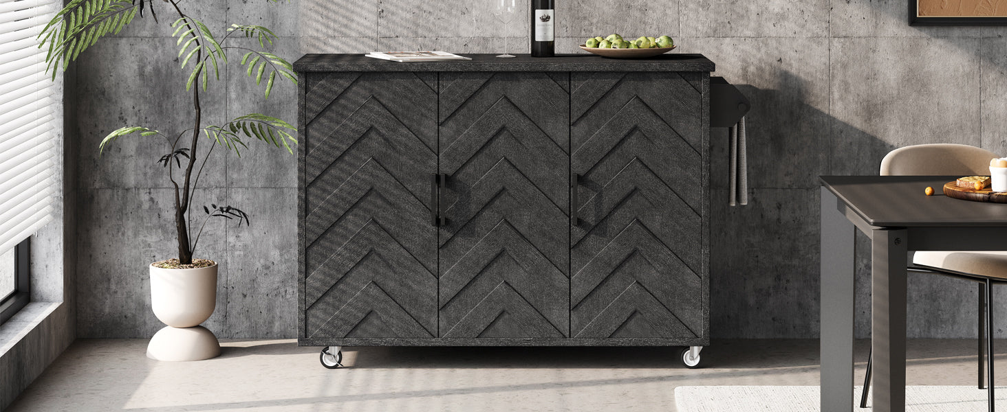 K&K 51.2"W 3D Wave Stripes Ash Veneer Not Cheap Paper Kitchen Island With Drop Leaf, Farmhouse Kitchen Island On Wheels With Internal Storage Rack, Rolling Kitchen Cart Black Black Brown Kitchen