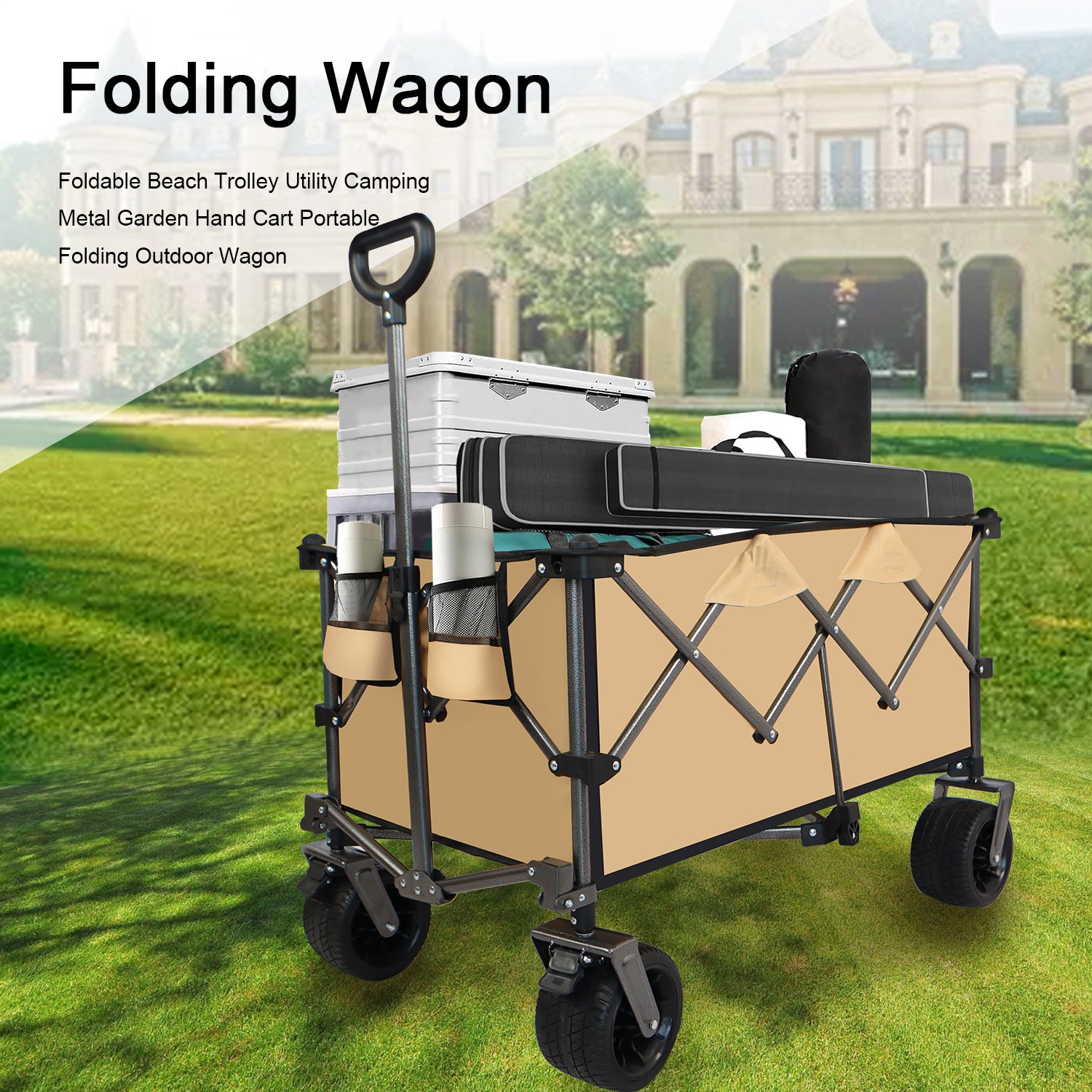 Collapsible Folding Wagon, Push Pull Foldable Beach Wagon Cart Grayish Brown Steel