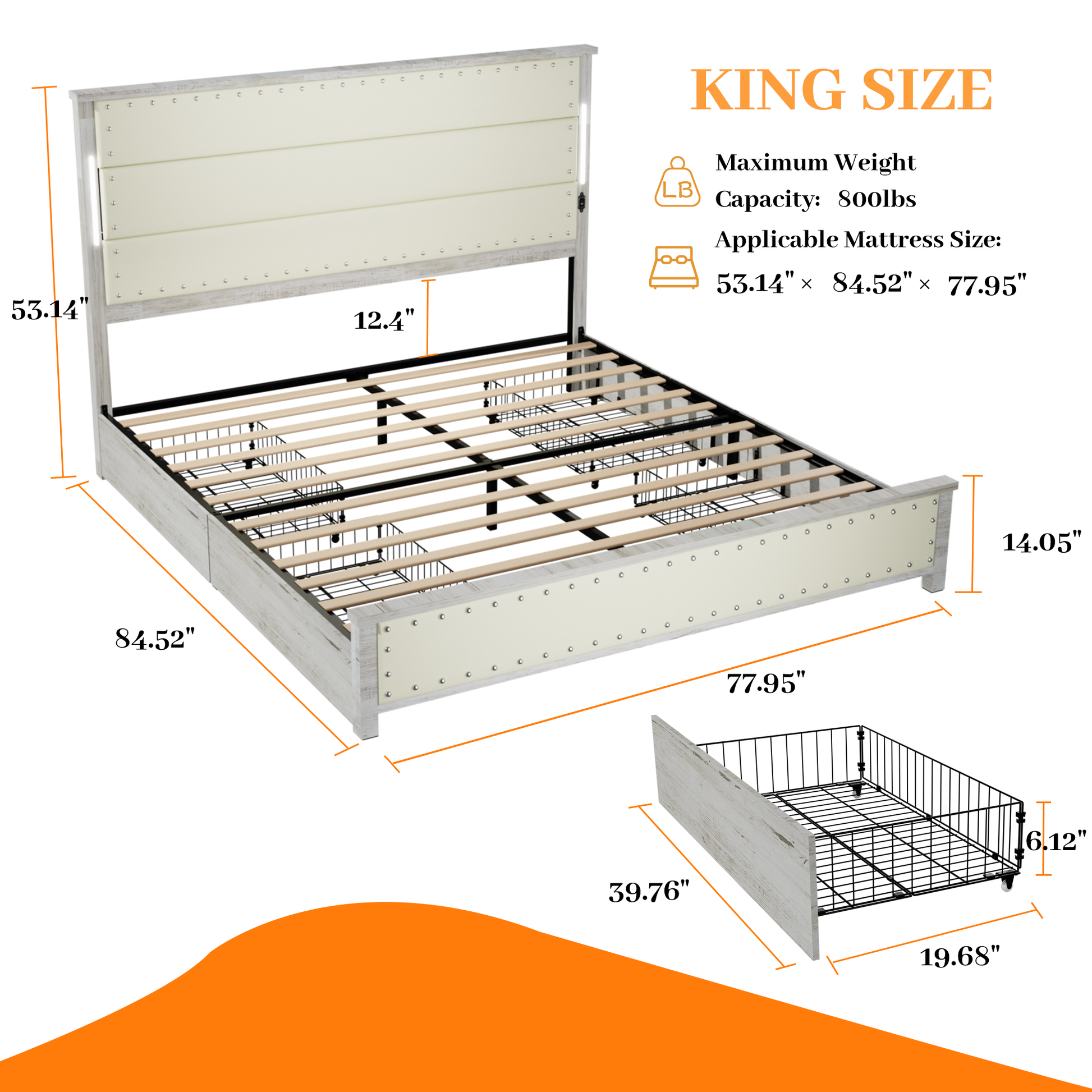 King Size Bed Frame With Upholstered Headboard And 4 Storage Drawersking Bed Frame With Charging Station And Led Lights, Wood Slats, Beige Faux Leather & Rivets, No Box Spring Needed Box Spring Not