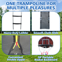 10Ft Trampoline With Enclosure Recreational Trampolines With Ladder And Anti Rust Coating, Pumpkin Shaped Trampoline With Slide And Basket Board, Astm Approval Outdoor Trampoline For Kids Black Blue