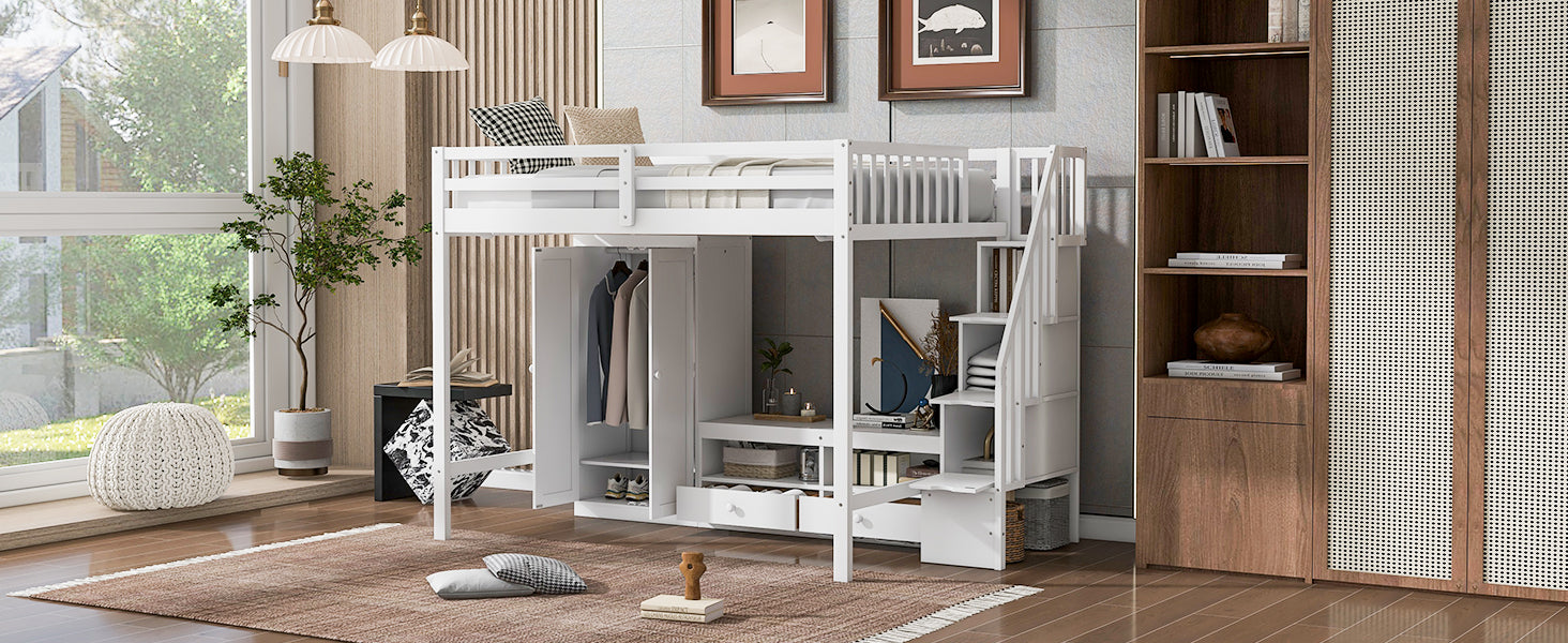 Full Size Loft Bed Frame With Wardrobe,Low Storage Table And Storage Staircase,White Gray Expected Arrival Time:10.20 White Solid Wood Mdf