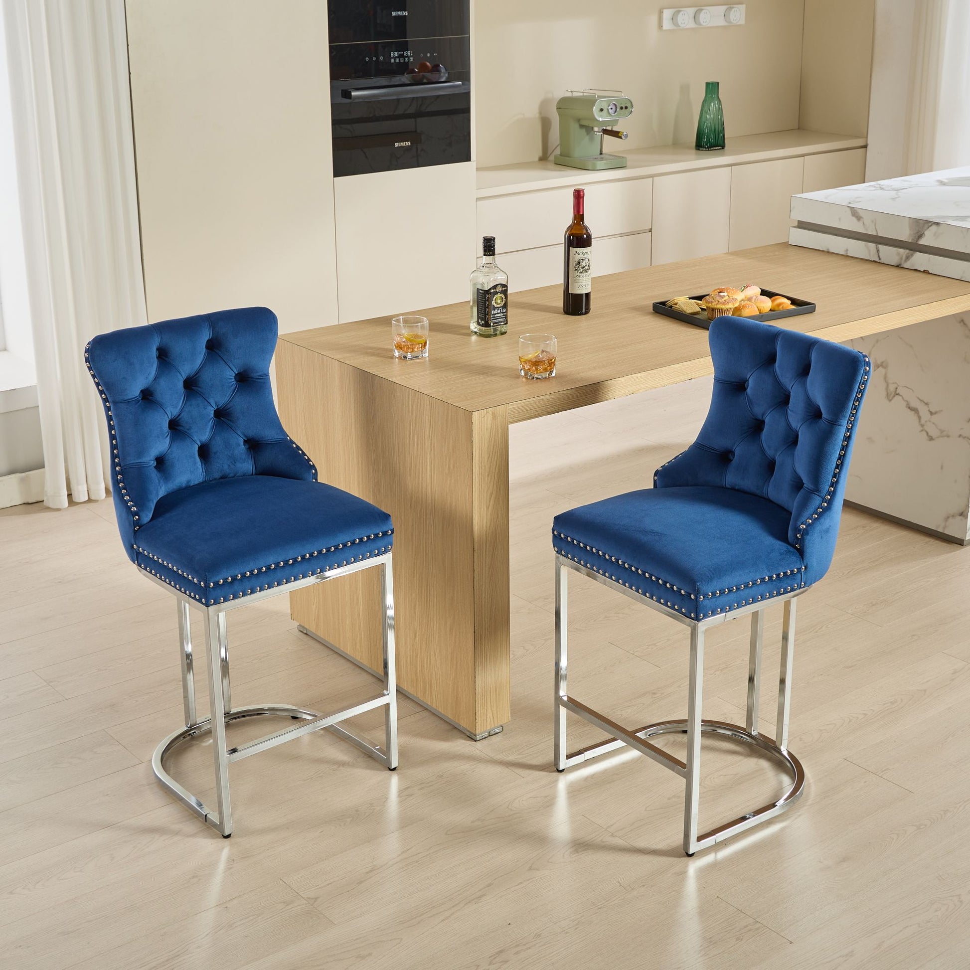 25" Counter Height Bar Stools Set Of 2, Modern Velvet Barstools With Button Back&Rivet Trim Upholstered Kitchen Island Chairs With Sturdy Chromed Metal Base Legs Farmhouse Bar Stools, Blue,2 Pack