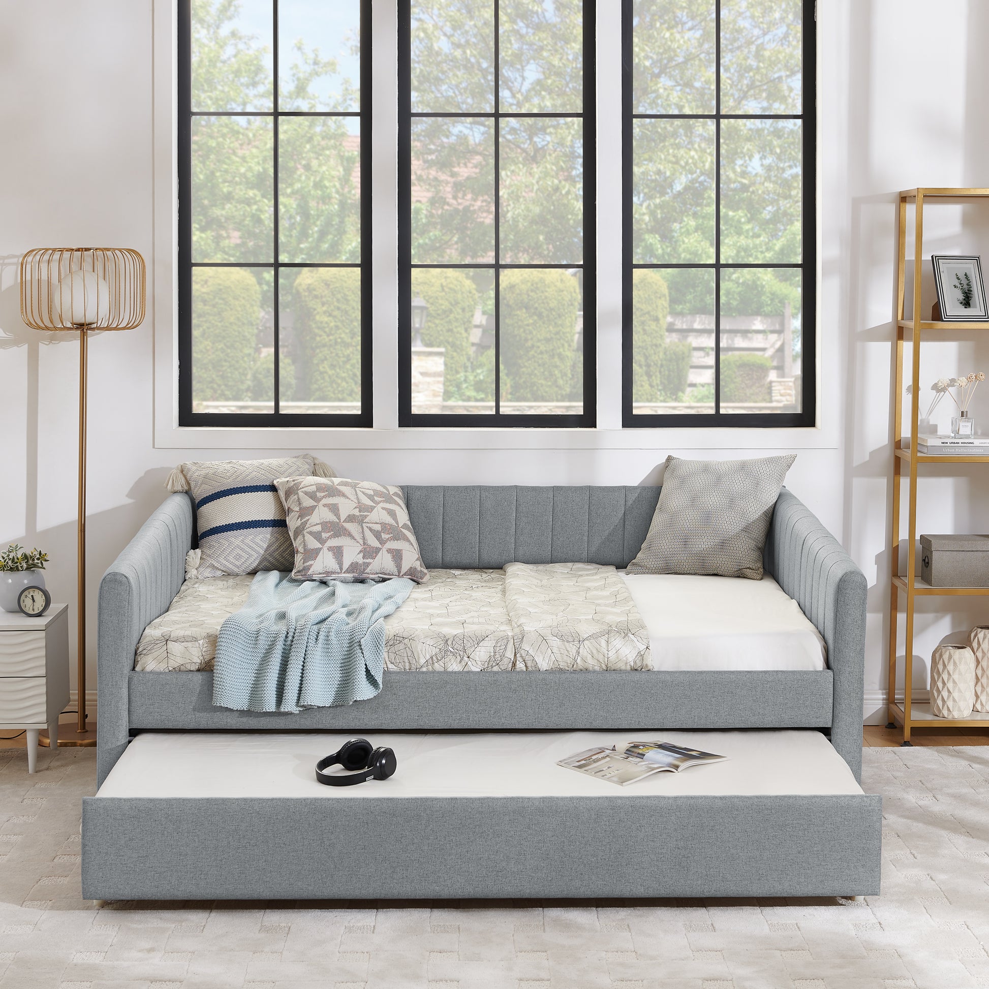 Full Size Daybed With Trundle Upholstered Sofa Bed, With Vertical Stripes, Linen Fabric, Grey 82.5"X58"X30" Grey Linen