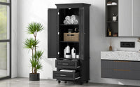 Tall Storage Cabinet With Two Drawers For Bathroom Office, Black Black Mdf