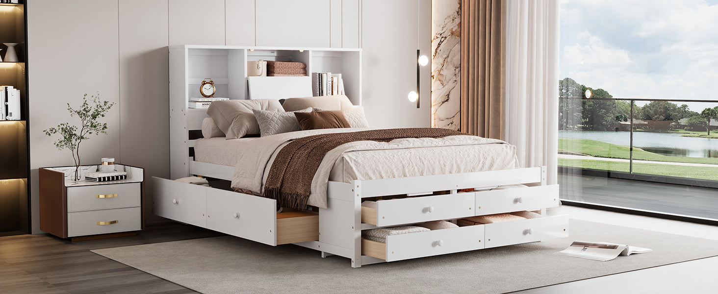 Queen Size Platform Bed With Storage Headboard And 8 Drawers, White Box Spring Not Required Queen White Wood Bedroom Bed Frame Solid Wood Mdf