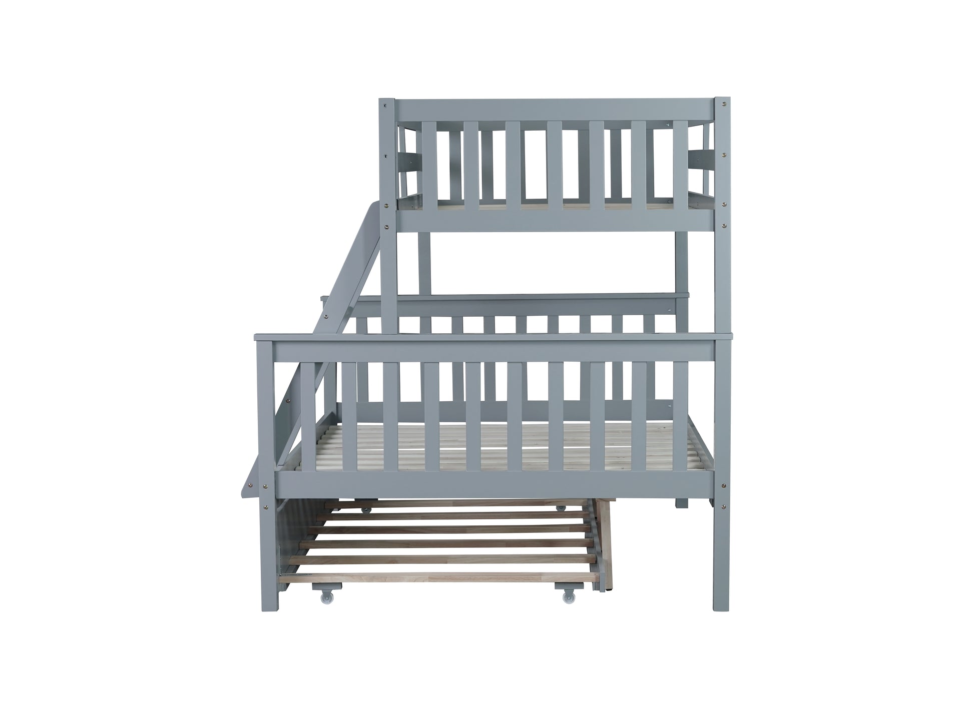 Twin Over Full Rubber Wood Bunk Bed With Trundle, Convertible Ladder And Guardrail, Detachable, Convertible Bed, With Twin Size Trundle ,Grey Twin Grey Rubber Wood