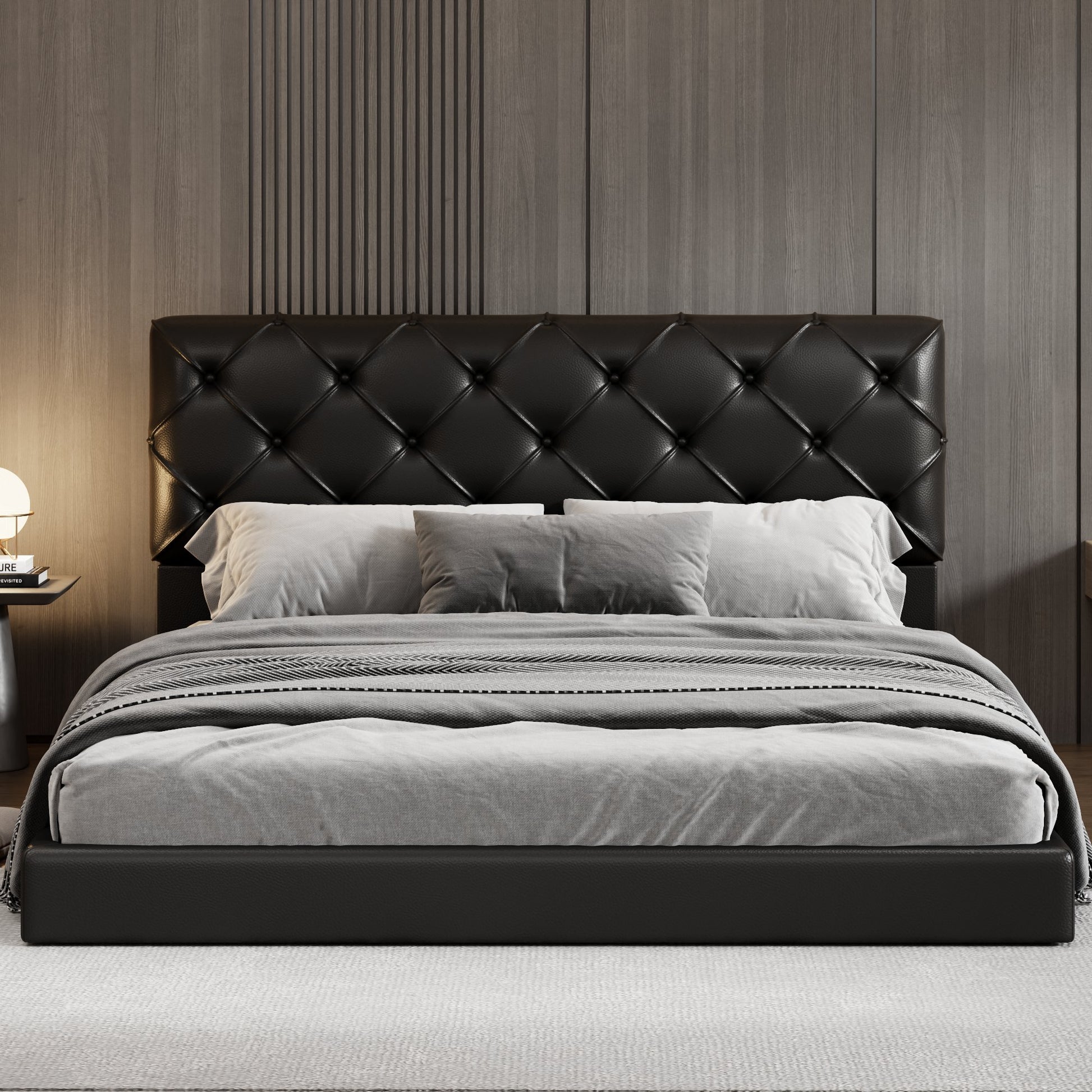 Queen Size Tufted Upholstered Platform Bed, Black Box Spring Not Required Queen Black Wood Bedroom Bed Frame Faux Leather Upholstered