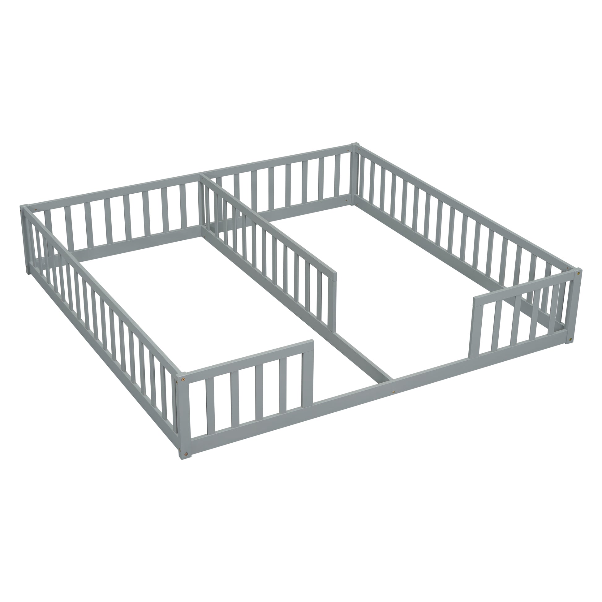 Double Twin Floor Bed With Fence, Guardrails, Without Door, Grey Twin Grey American Design Pine