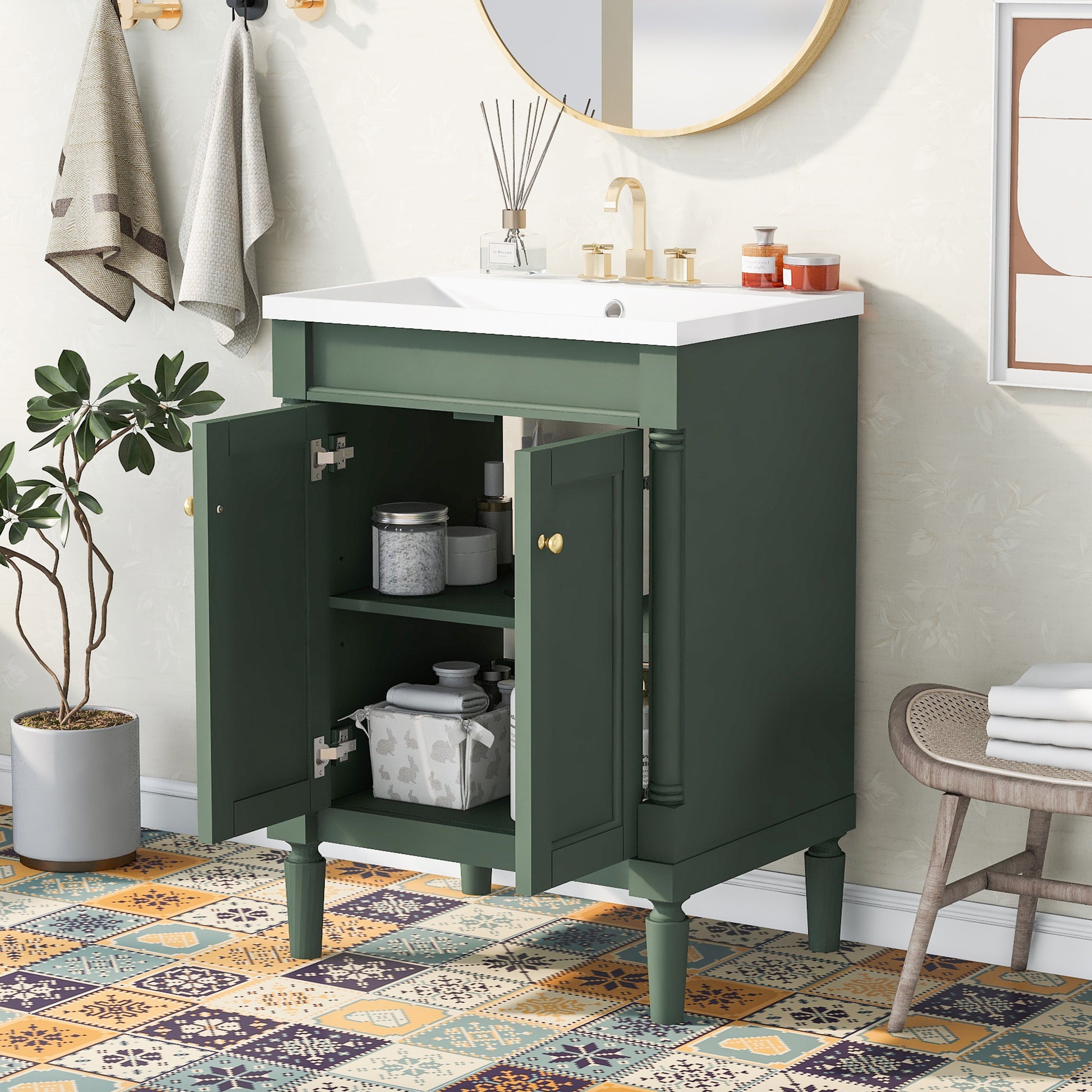 24'' Bathroom Vanity With Top Sink, 2 Tier Modern Bathroom Storage Cabinet, Single Sink Bathroom Vanity, Large Storage Shelves Green Mdf