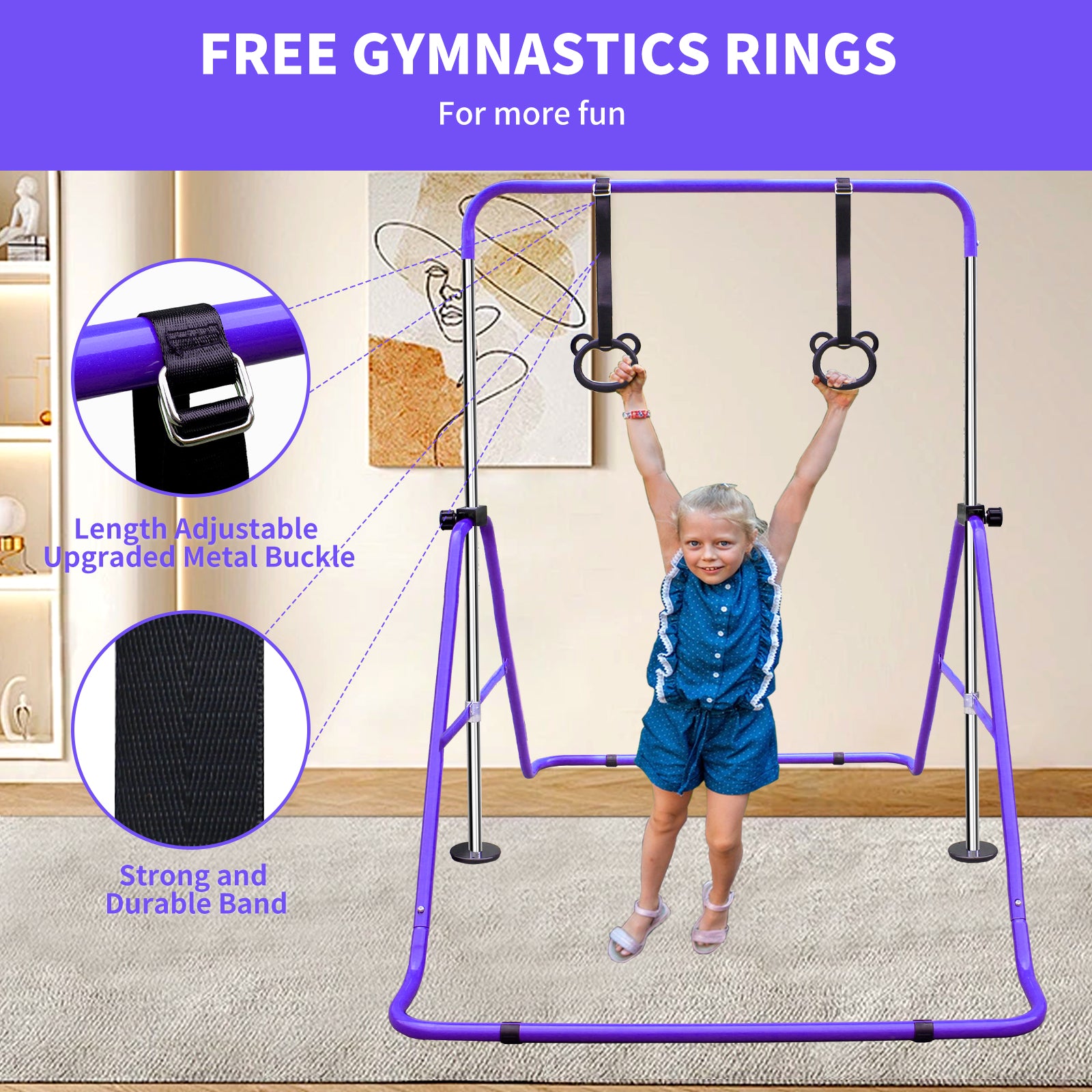 Multi Functional Adjustable Height Children'S Horizontal Gymnastic Bar With Bear Rings Purple Steel