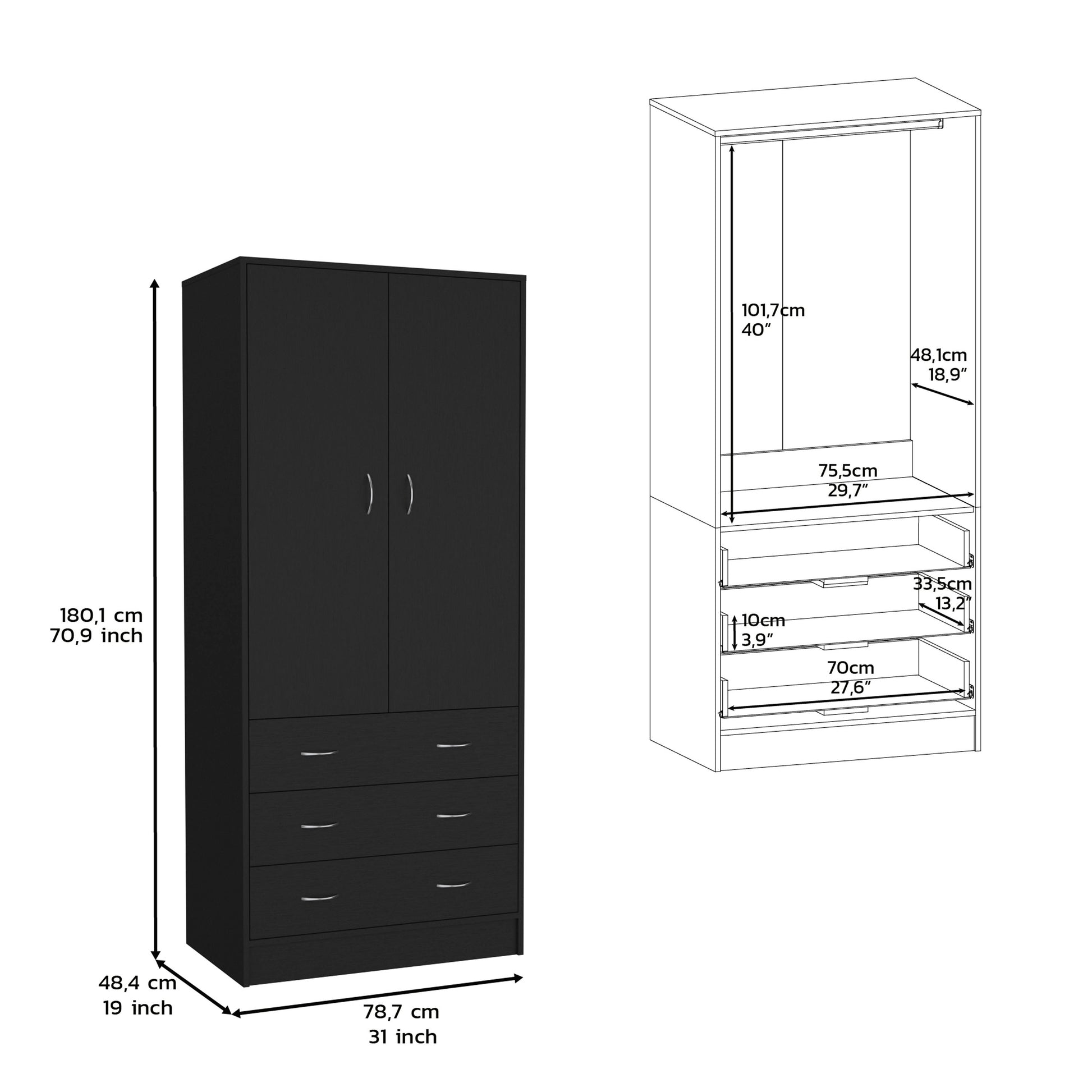 Armoire 71" H, With 2 Doors, 3 Drawers And 1 Hanging Rod, Black Black Solid Wood Mdf Engineered Wood