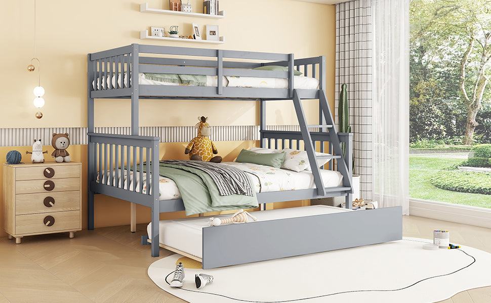 Twin Over Full Rubber Wood Bunk Bed With Trundle, Convertible Ladder And Guardrail, Detachable, Convertible Bed, With Twin Size Trundle ,Grey Twin Grey Rubber Wood