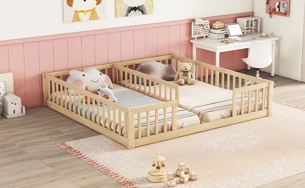 Double Twin Floor Bed With Fence, Guardrails, Without Door, Natural Twin Natural American Design Pine