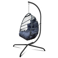 Swing Egg Chair With Stand Indoor Outdoor Wicker Rattan Patio Basket Hanging Chair With C Type Bracketwith Cushion And Pillow,Patio Wicker Folding Hanging Chair Special Construction Cup Holder Black