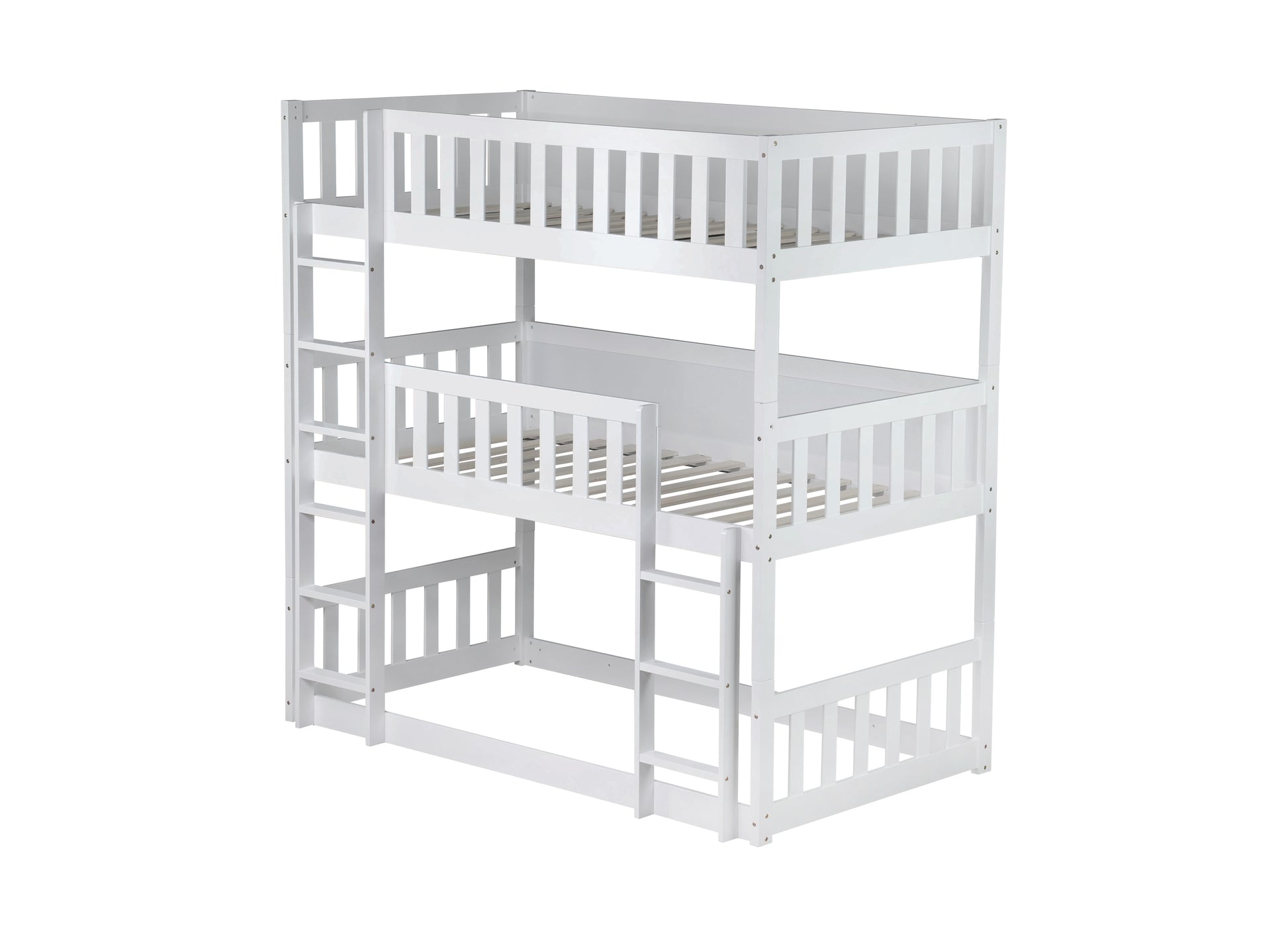 Twin Size Triple Rubber Wood Bunk Bed, With Ladders, Guardrails Detachable Bunk Bed, Twin Over Twin Over Twin,White Twin White Bedroom American Design Bed Frame Rubber Wood